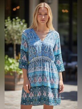 Everly Blue Paisley V-Neck Smock Waist Mini Dress